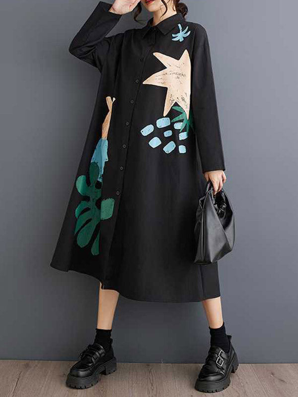 A-Line Long Sleeves Buttoned Pockets Printed Split-Joint Lapel Midi Dresses Shirt Dress