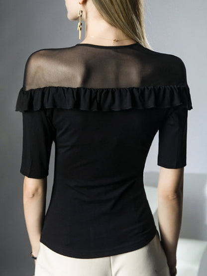 Half Sleeves Skinny Pleated Ruffle Trim Solid Color Split-Joint V-Neck T-Shirts Tops