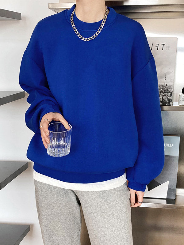 Long Sleeves Loose Solid Color Round-Neck Sweatshirt Tops