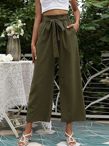 High Waisted Loose Pockets Solid Color Tied Waist Pants Trousers