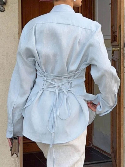 Long Sleeves Buttoned Solid Color Streamer Lapel Blouses&Shirts Tops