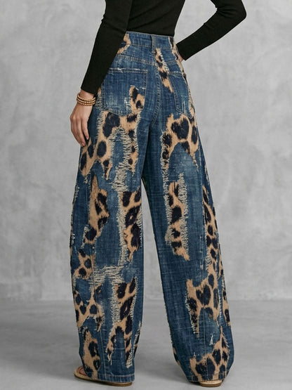 High Waisted Wide Leg Buttoned Hollow Leopard Pockets Split-Joint Zipper Pants Trousers