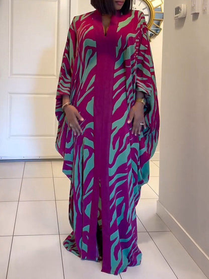 Batwing Sleeves Long Sleeves Contrast Color Printed Split-Front Split-Joint V-Neck Maxi Dresses