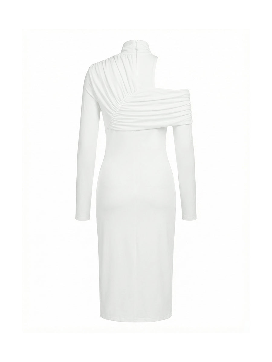 Asymmetric Pleated Solid Color Split-Front Split-Joint Split-Side High Neck Midi Dresses