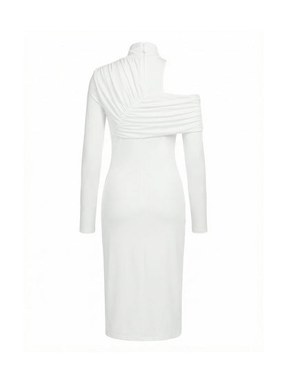 Asymmetric Pleated Solid Color Split-Front Split-Joint Split-Side High Neck Midi Dresses