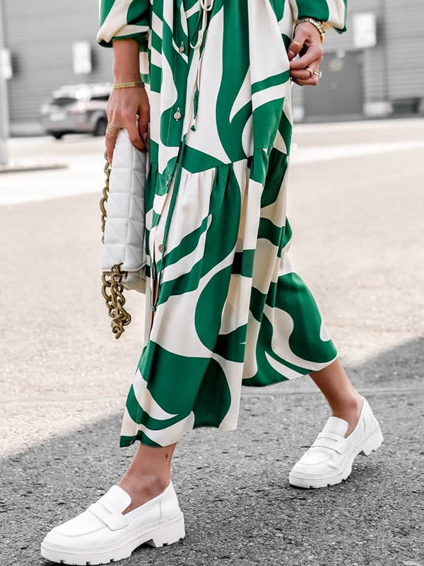 Long Sleeves Loose Contrast Color Pleated Printed Split-Joint Tied Waist Lapel Shirt Dress