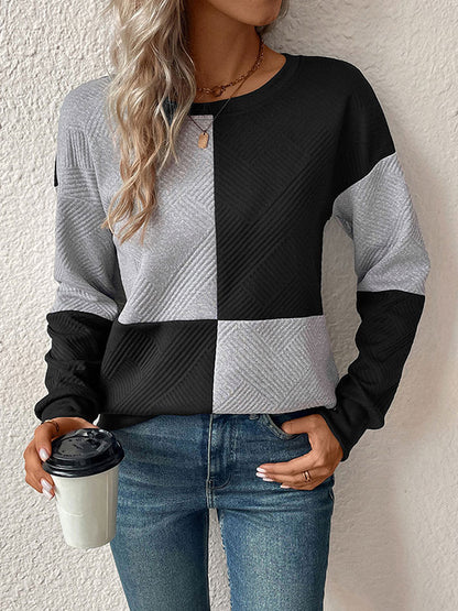 Long Sleeves Loose Contrast Color Split-Joint Round-Neck Sweatshirt Tops