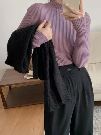 Long Sleeves Skinny Solid Color High-Neck Knitwear Pullovers Sweater Tops