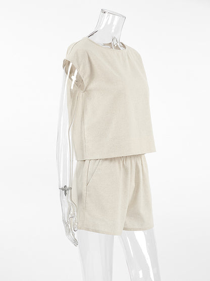 Loose Sleeveless Solid Color Split-Joint Round-Neck Vest Top + Elasticity Shorts Bottom Two Pieces Set