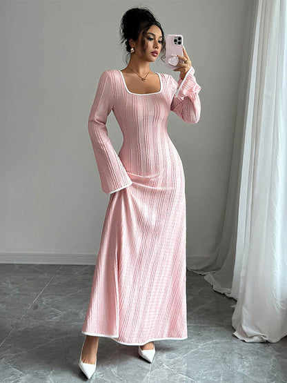 A-Line Bodycon Ribbed Knit Split-Joint Square-Neck Maxi Dresses