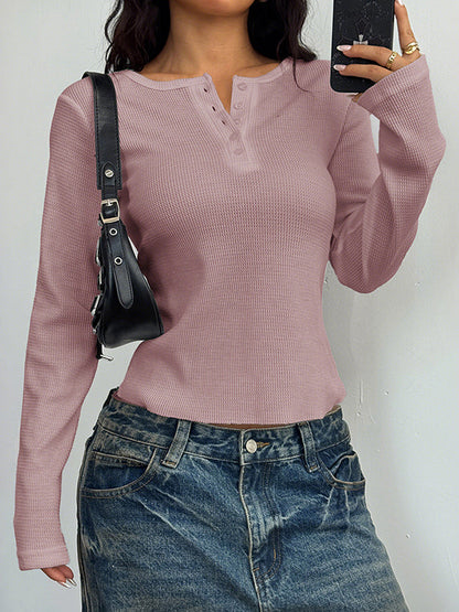 Long Sleeves Skinny Buttoned Solid Color Round-Neck Blouses&Shirts Tops