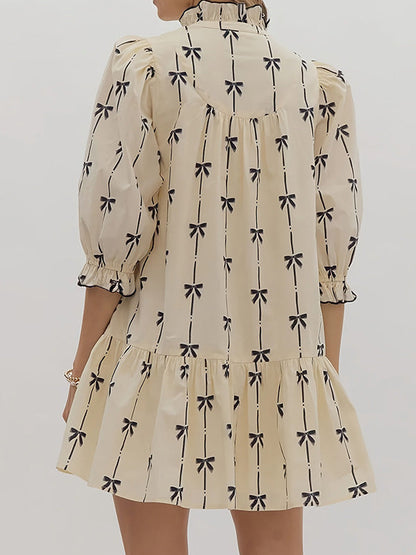 A-Line Loose Bowknot Contrast Color Printed Split-Joint Stand Collar Midi Dresses