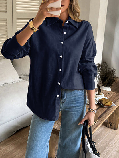 Long Sleeves Loose Buttoned Solid Color Lapel Blouses&Shirts Tops