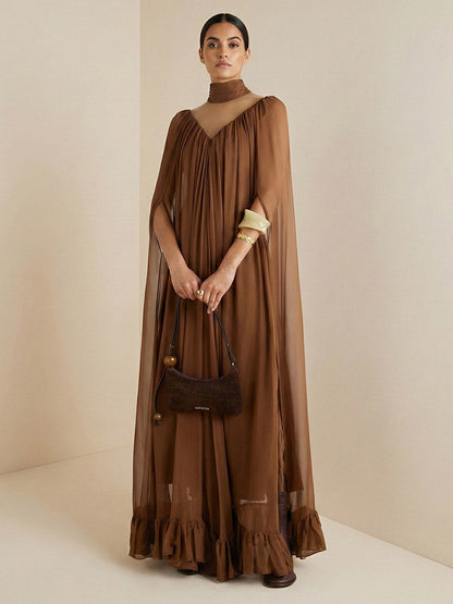 Cape Irregularity Layered Pleated Ruffled See-Through Solid Color Split-Joint High Neck Maxi Dresses