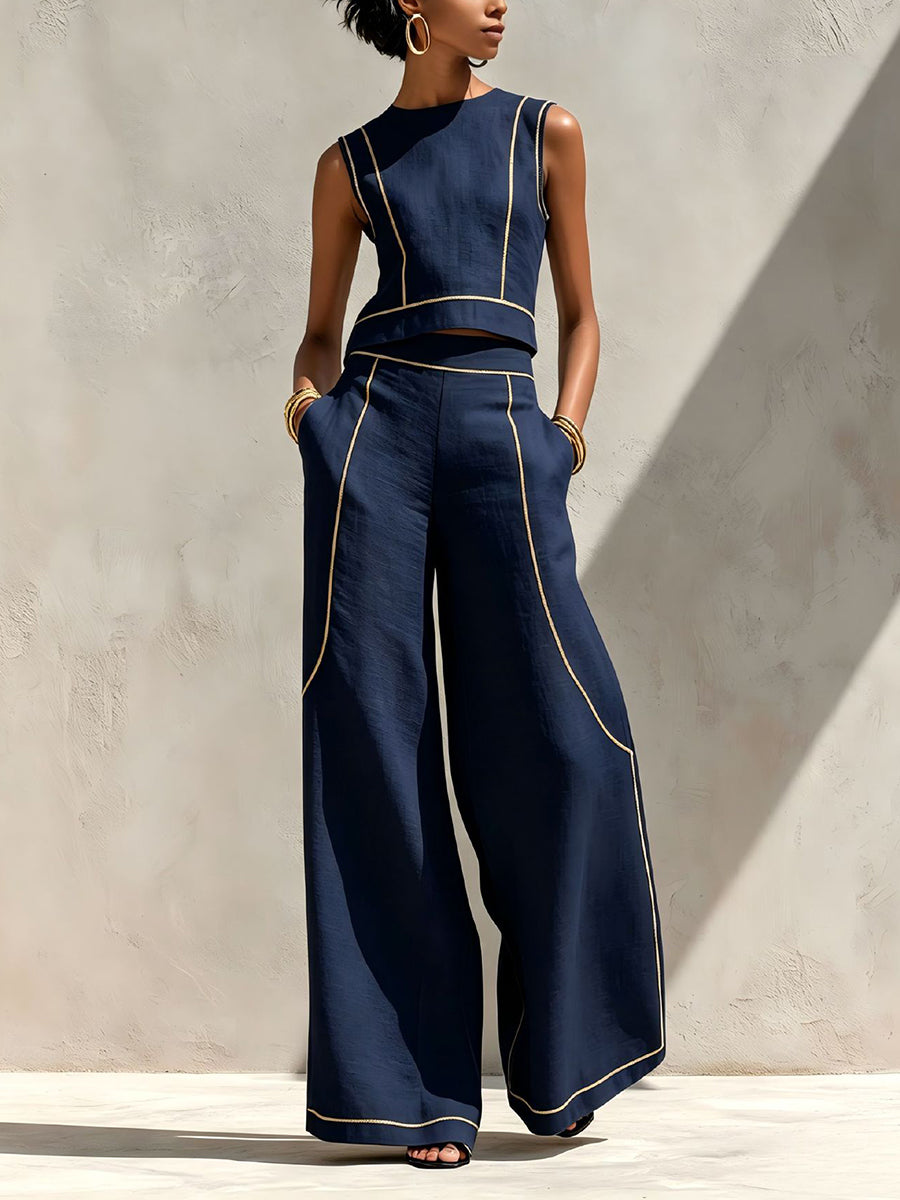 Plus Size Contrast Color Line Round-neck Tank Top + High Waisted Pockets Pants Trousers Two Pieces Set