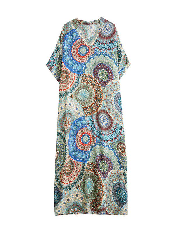 Loose Short Sleeves Ethnic Printed V-Neck Maxi Dresses