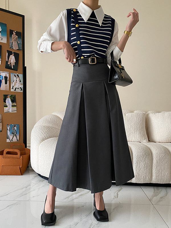 A-Line High Waisted Pleated Solid Color Split-Joint Skirts Bottoms