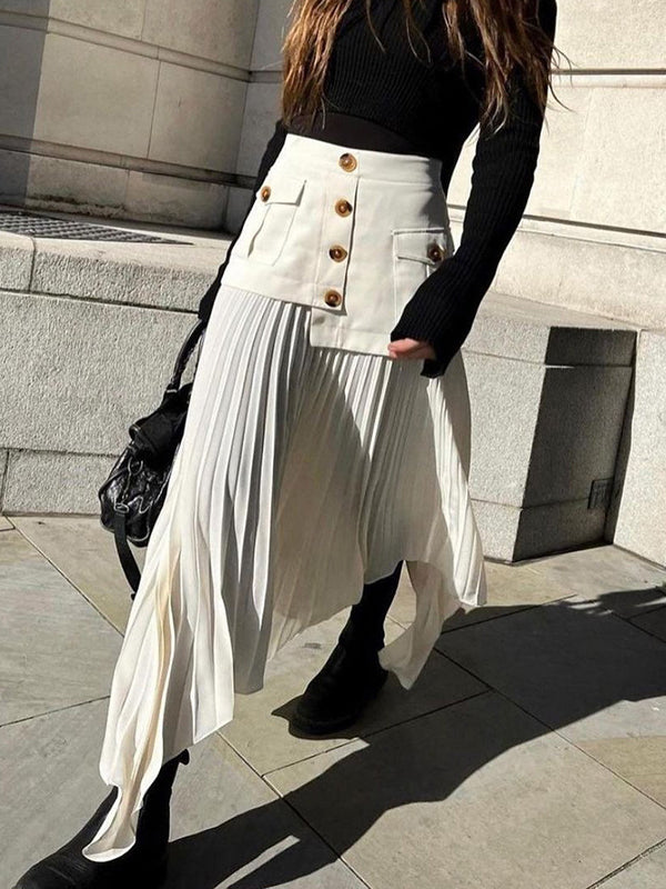 A-Line Loose Asymmetric Buttoned Pleated Split-Joint Zipper Skirts Bottoms