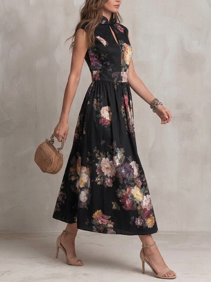 Split-Joint Pockets Pleated Hollow Flower Print Sleeveless A-line Stand Collar Maxi Dresses