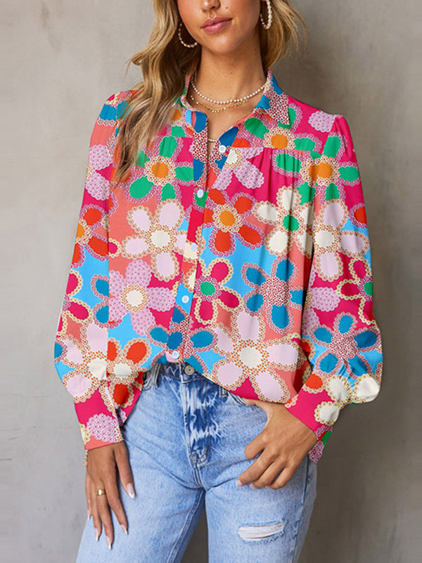 Bishop Sleeve Long Sleeves Buttoned Flower Print Lapel Blouses&Shirts Tops