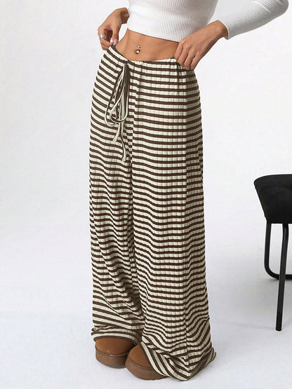 Elasticated Waist High Waisted Contrast Color Drawstring Split-Joint Striped Pants