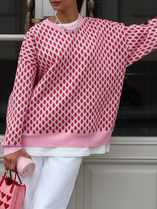 Long Sleeves Loose Pleated Split-Joint Round-Neck Sweater Tops