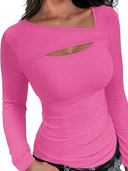 Long Sleeves Skinny Asymmetric Hollow Solid Color Split-Joint V-Neck T-Shirts