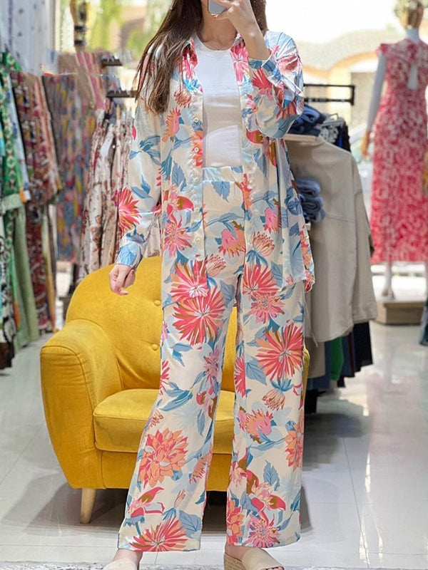 Long Sleeves Buttoned Flower Print Lapel Shirts Top +High Waisted Pants Bottom Two Pieces Set