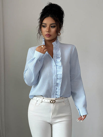 Long Sleeves Skinny Buttoned Ruffled Split-Joint Striped Stand Collar Blouses&Shirts Tops