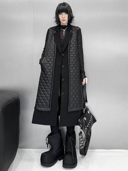 Loose Sleeveless Buttoned Plaid Pockets Solid Color Split-Joint Notched Collar Outerwear Padded Vest
