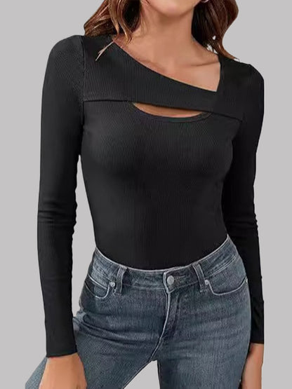 Long Sleeves Skinny Asymmetric Hollow Solid Color Split-Joint V-Neck T-Shirts
