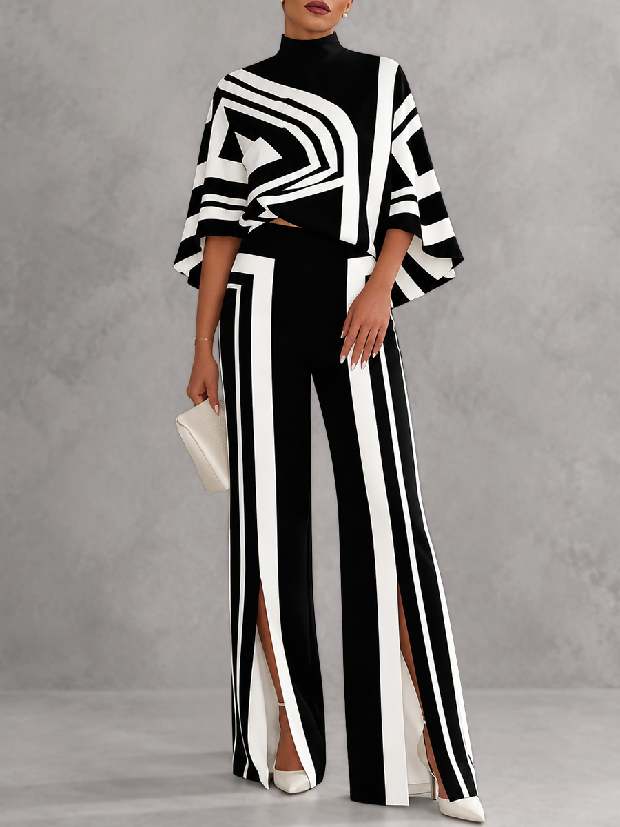 Printed Line Contrast Color Three-quarter Sleeves Loose Mock Neck T-Shirts Tops