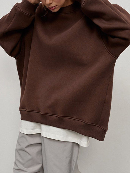 Long Sleeves Loose Solid Color Round-Neck Sweatshirt Tops