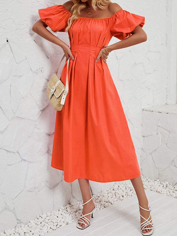 Loose Puff Sleeves Elasticity Pleated Solid Color Split-Joint Off-The-Shoulder Midi Dresses
