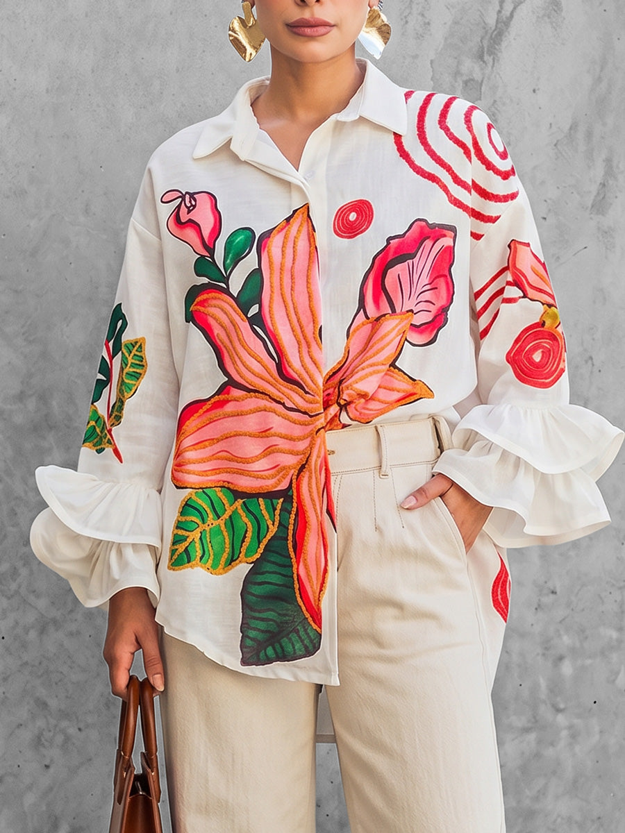 Flared Sleeves High-Low Buttoned Contrast Color Flower Print Lapel Blouses&Shirts Tops