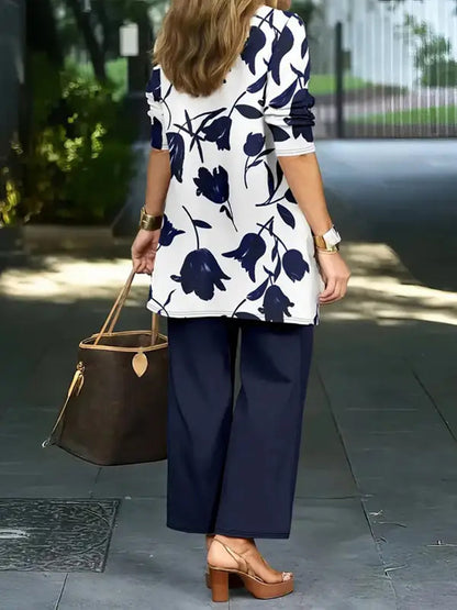 Solid Color Round-neck Sleeveless Tank Top+ Contrast Color Flower Print Outerwear +High Waisted Pockets Pants Trousers Three Pieces Set