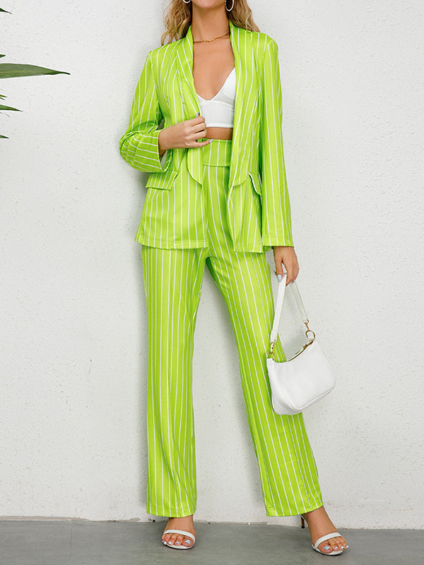 Long Sleeves Striped Lapel Blazer Top + Wide Leg Pants Bottom Two Pieces Set