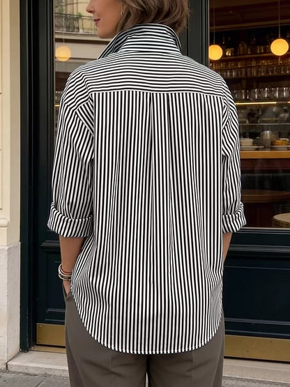 Striped Split-Joint Contrast Color Buttoned Loose Long Sleeves Lapel Blouses&shirts Tops