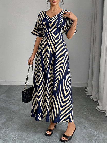 Elasticated Waist High Waisted Contrast Color Geometric Printed Split-Joint V-Neck Maxi Dresses