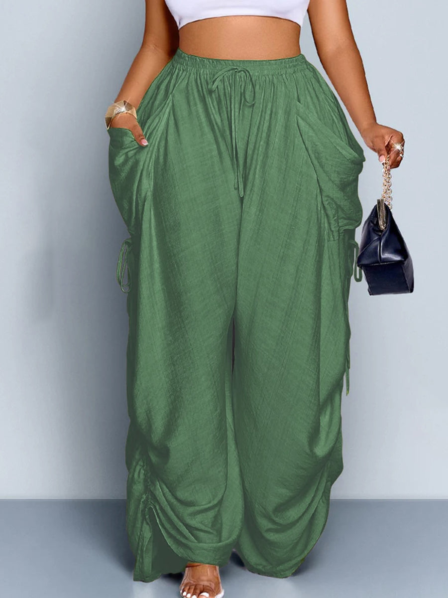 Split-Joint Pockets Elasticity Drawstring Wide Leg Plus Size Trousers Pants