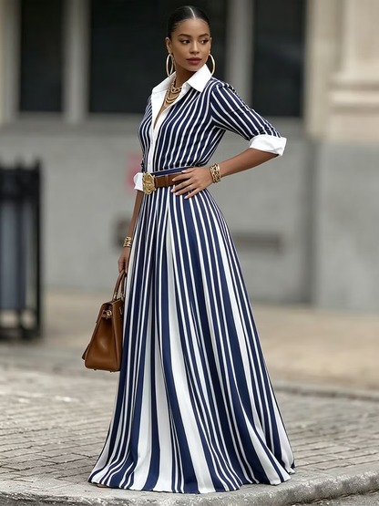A-Line Loose Buttoned Contrast Color No Belt Striped Lapel Maxi Dresses