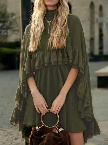 High Waisted Sleeveless Pleated Ruffled Solid Color Split-Joint Tied Mock Neck Mini Dresses Two Pieces Set
