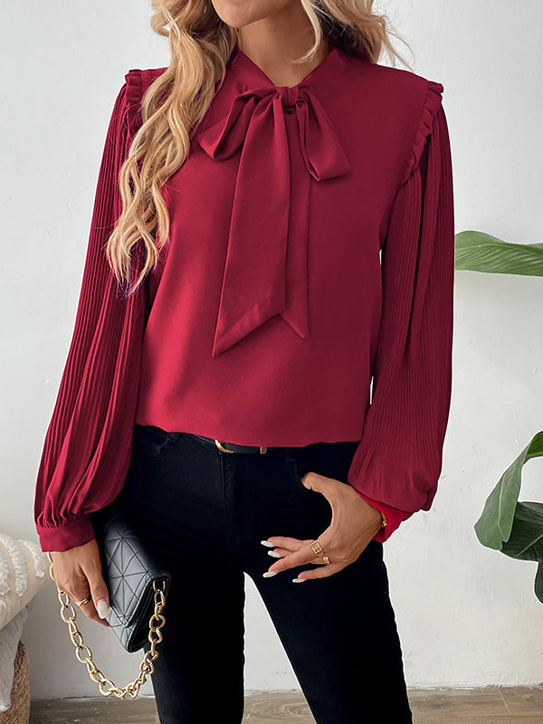 Long Sleeves Loose Pleated Ruffle Trim Solid Color Split-Joint Tied V-Neck Blouses&Shirts Tops
