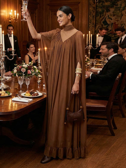 Cape Irregularity Layered Pleated Ruffled See-Through Solid Color Split-Joint High Neck Maxi Dresses