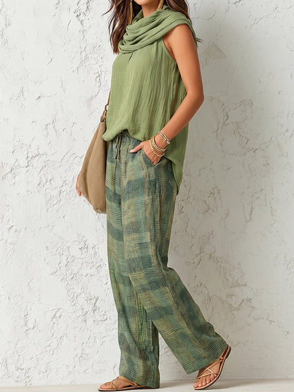 Loose Sleeveless Detachable Pleated Solid Color Halter-Neck Scarf + Tank Top Two Pieces Set