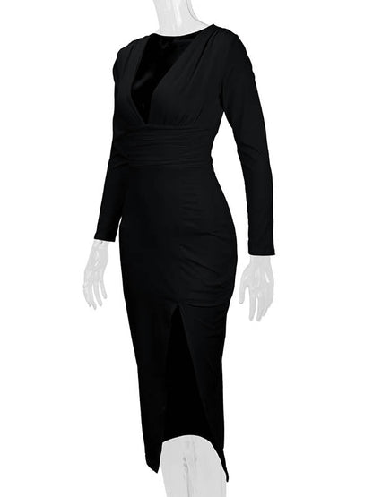 Bodycon Elasticated Waist Pleated Solid Color Split-Joint Split-Side Deep V-Neck Midi Dresses
