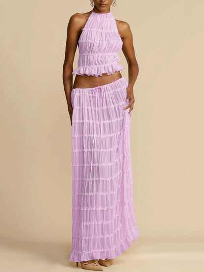 Pleated Solid Color Textured Halter-Neck Cropped Backless Ruffled Tank Top + Tied Waist High Waisted Skirts Bottoms Two Pieces Set