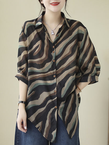 Long Sleeves Loose Buttoned Tied Zebra-Stripe Lapel Blouses&Shirts Tops