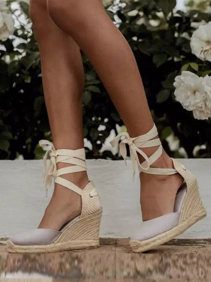 Buckle Split-Joint Square-Toe Lace-Up Ankle Wrap Espadrille Wedge Sandals