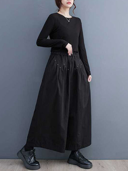 Loose Wide Leg Elasticity Embroidered Pleated Ninth Pants Trousers